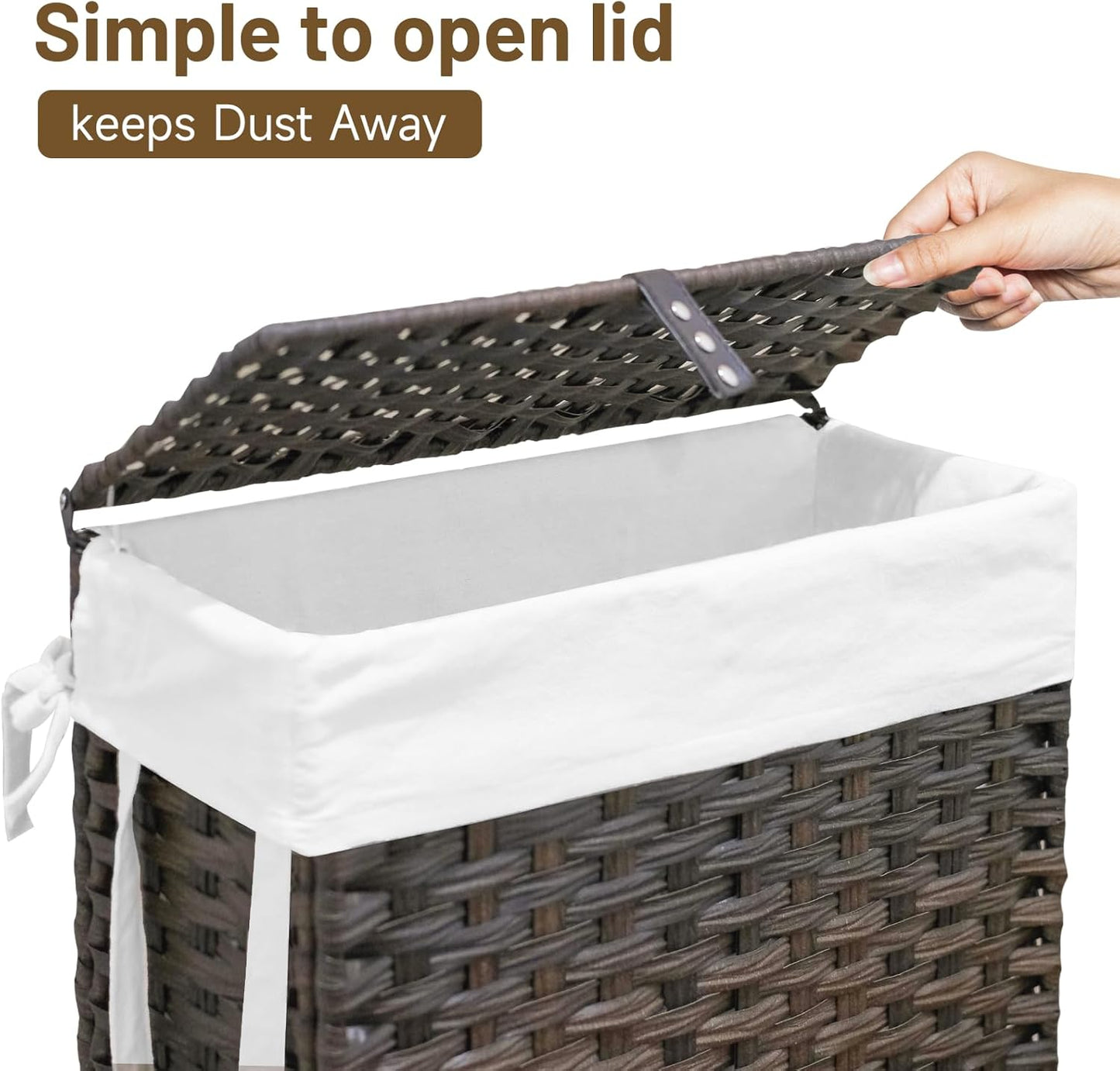 70L Slim Laundry Hamper with Lid & Wheels, Rolling Laundry Basket with 2 Removable Liner Bags & 3 Mesh Bags, Narrow Dirty Clothes Basket, Foldable Handwoven Rattan Laundry Sorter, Brown