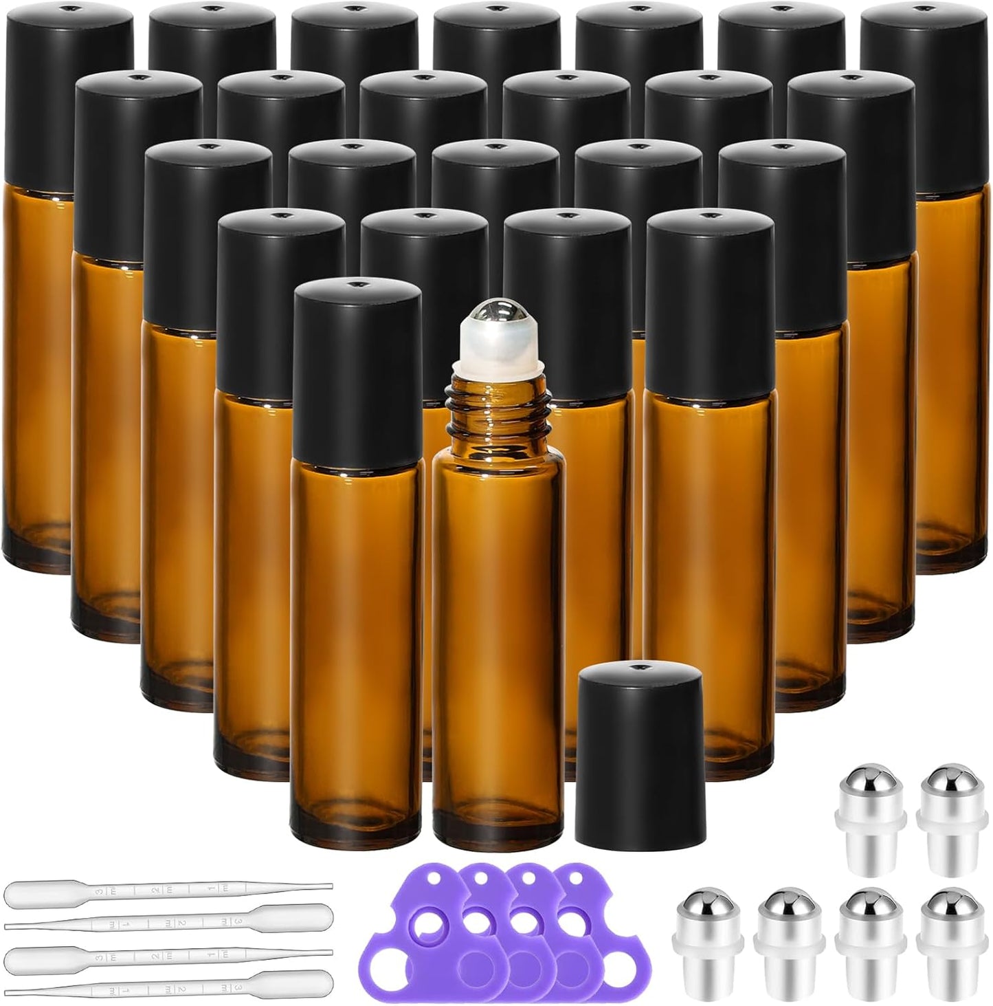 KEYWING 10ml Amber Roller Rottles for Essential Oils - 24PCS Glass Roll on Bottles with Black Caps & Stainless Steel Roller Balls, Empty Perfume Refillable Bottle for Travel