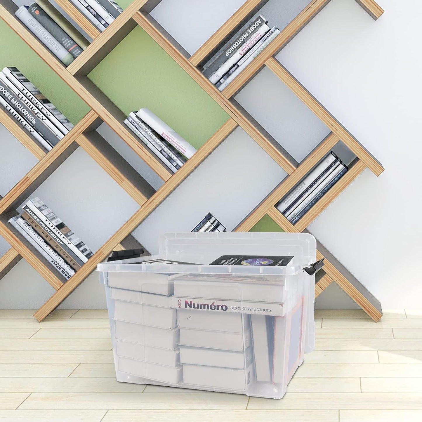 4 Pack Clear Storage Latch Bin with Lid, 34 L Plastic Wheeled Storage Box