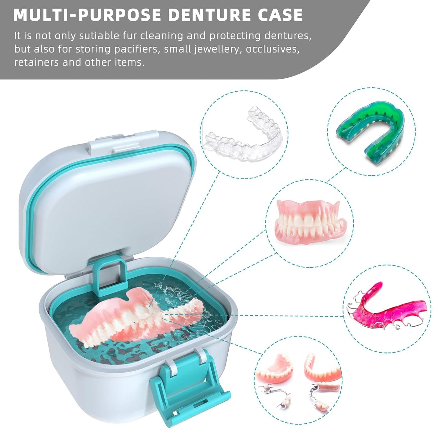 ARGOMAX Leak Proof Denture Bath Cup, Portable Soaking Denture Box, Denture Bath Case with Strainer, for Dentures and Braces, Upgraded Version with Storage Compartment (White + Cyan).
