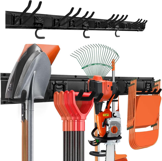 Garden Tool Rack Set, Garage Wall Organization Hanger with 3 Mop Holder and 6 Multi-Purpose Hooks, Garden Yard Shovels Rakes for String Hedge Trimmer Brooms Hoses Folding Chairs ladders, and More