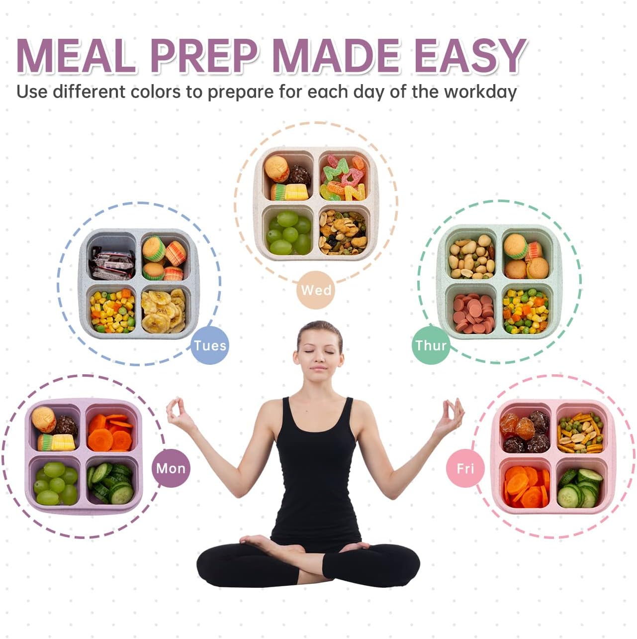 5 Pack Bento Lunch Box,4 Compartment Snack Containers,Divided Snack Box,Meal Prep Lunch Containers FOR Kids/Toddle/Adults,Food Storage Containers for School, Work and Travel