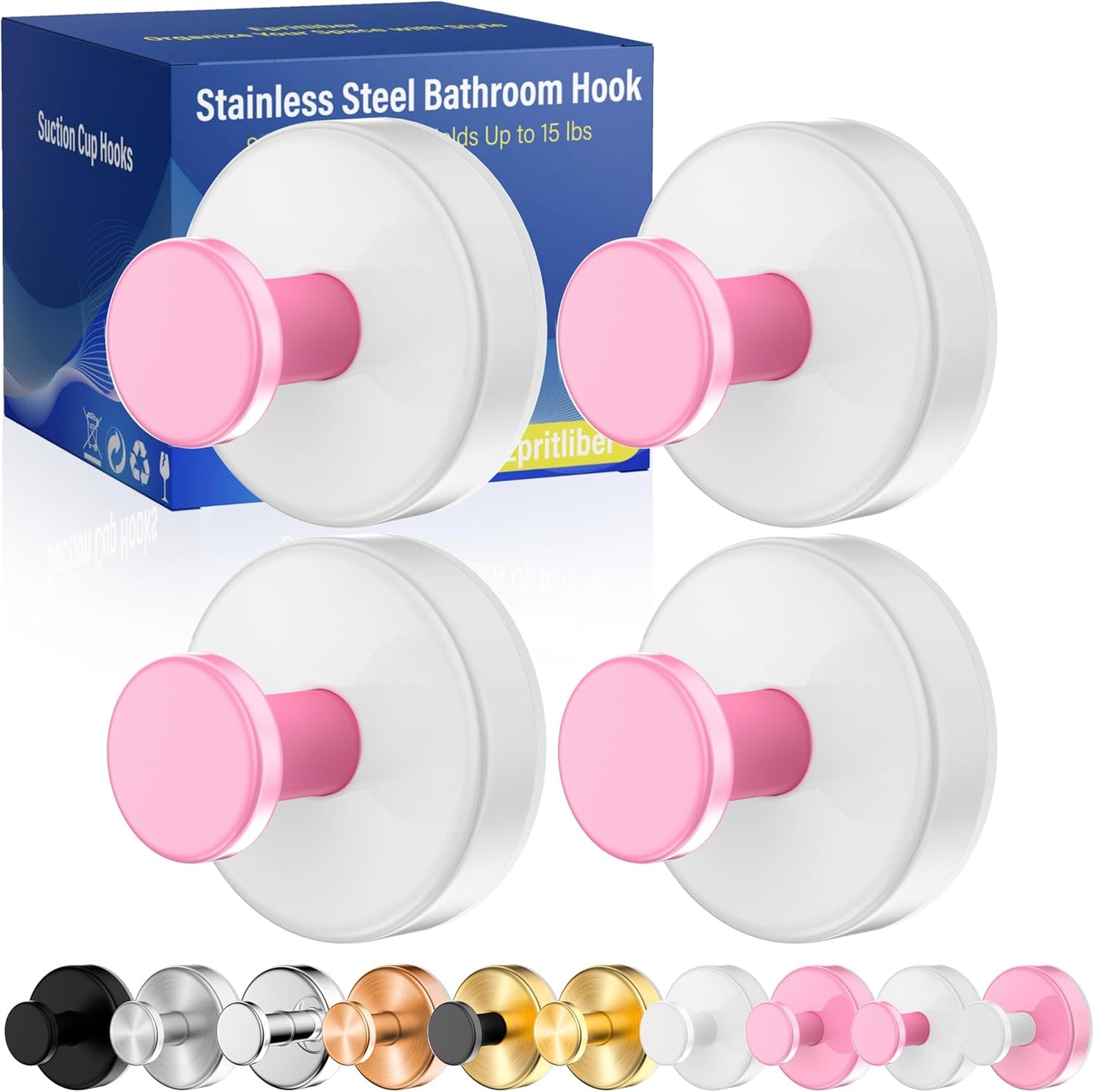 Suction Cup Hooks for Shower,Removable No Drill Towel Hooks,Upgraded 15 lbs Strong Suction hooks for Bathroom Tile,Shower Wall,Glass Door,Kitchen-Loofah,Coat,Stainless Waterproof-White Pink 4 Pcs