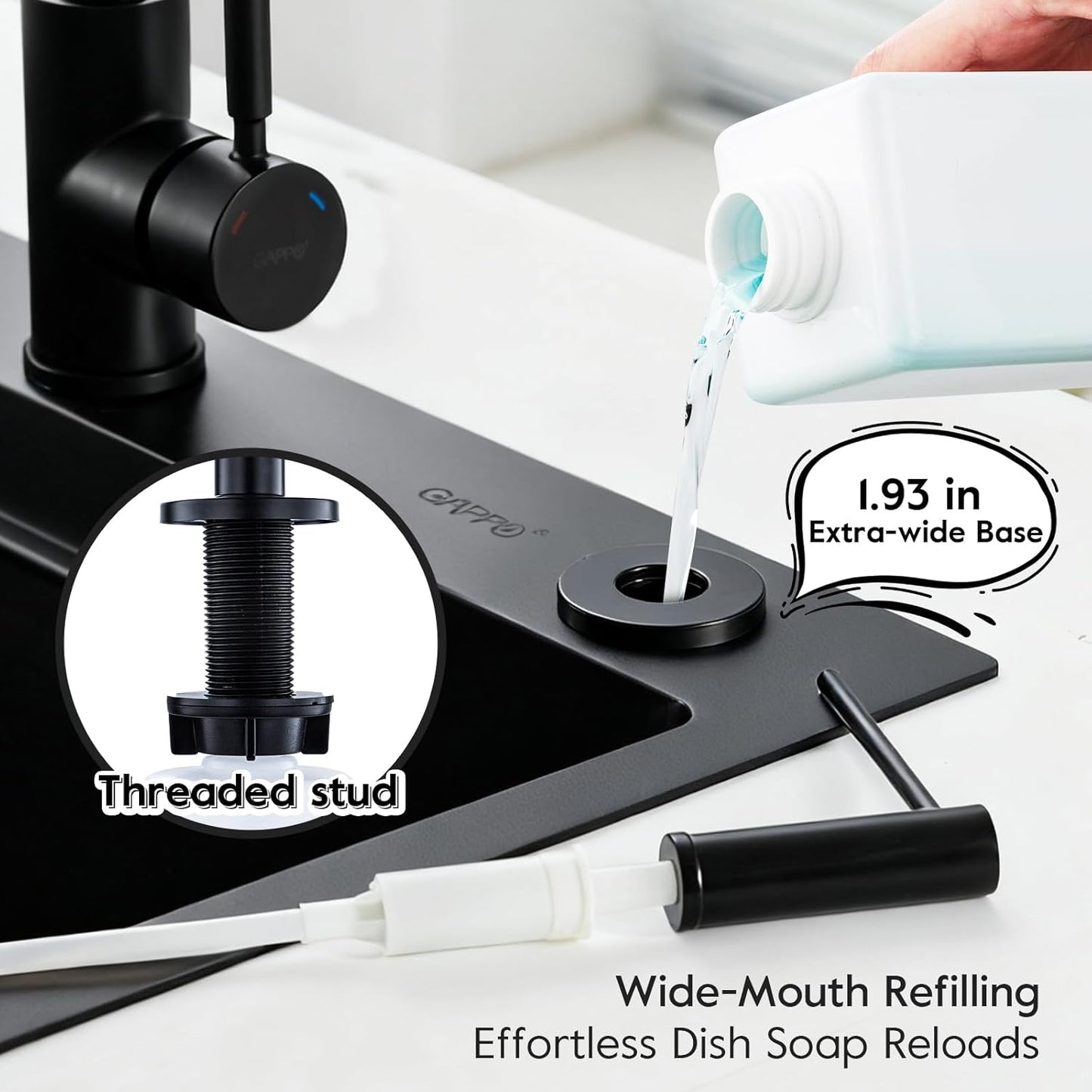 GAPPO Soap Dispenser for Kitchen Sink, Built in Sink Soap Dispenser, Matte Black Stainless Steel Pump Head, Lotion Dispenser with Refillable 17 OZ Bottle