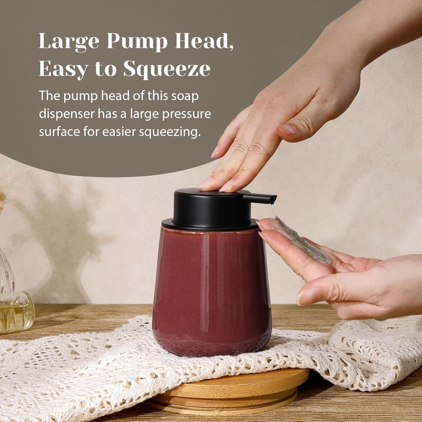 INGOFIN Ceramic Lotion Dispenser - 12 oz Refillable Hand Soap Dispenser Bathroom, Modern Liquid Soap Dispenser with Pump, Dish Dispenser for Kitchen,Kiln-Glazed Red Brown