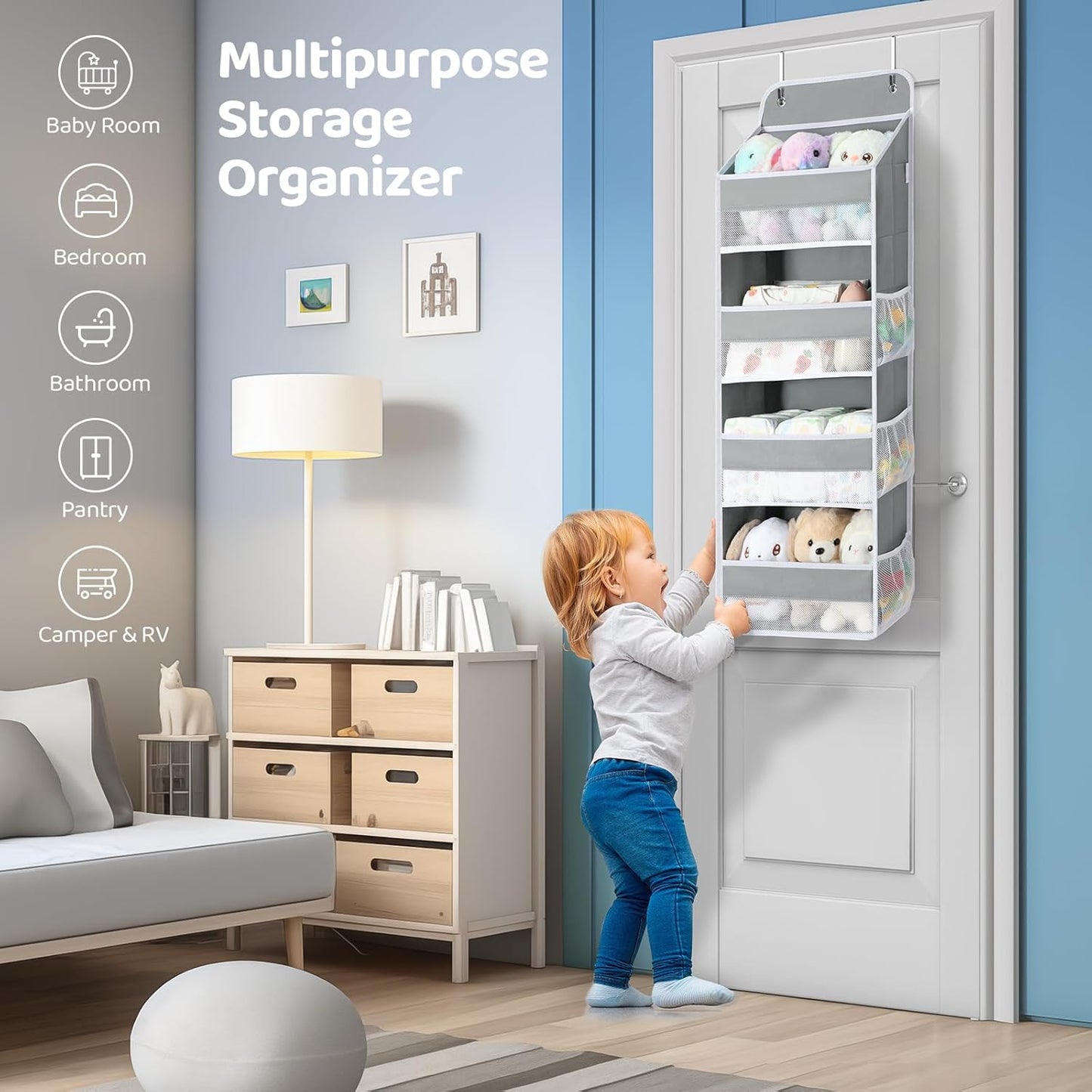 Yecaye 2 Pack 4 Tier Over the Door Organizer - Foldable Portable Baby Essentials for Stuffed Animal Storage - Multi-purpose Bathroom Closet Organizers and Storage for Kids Newborn Baby Stuff