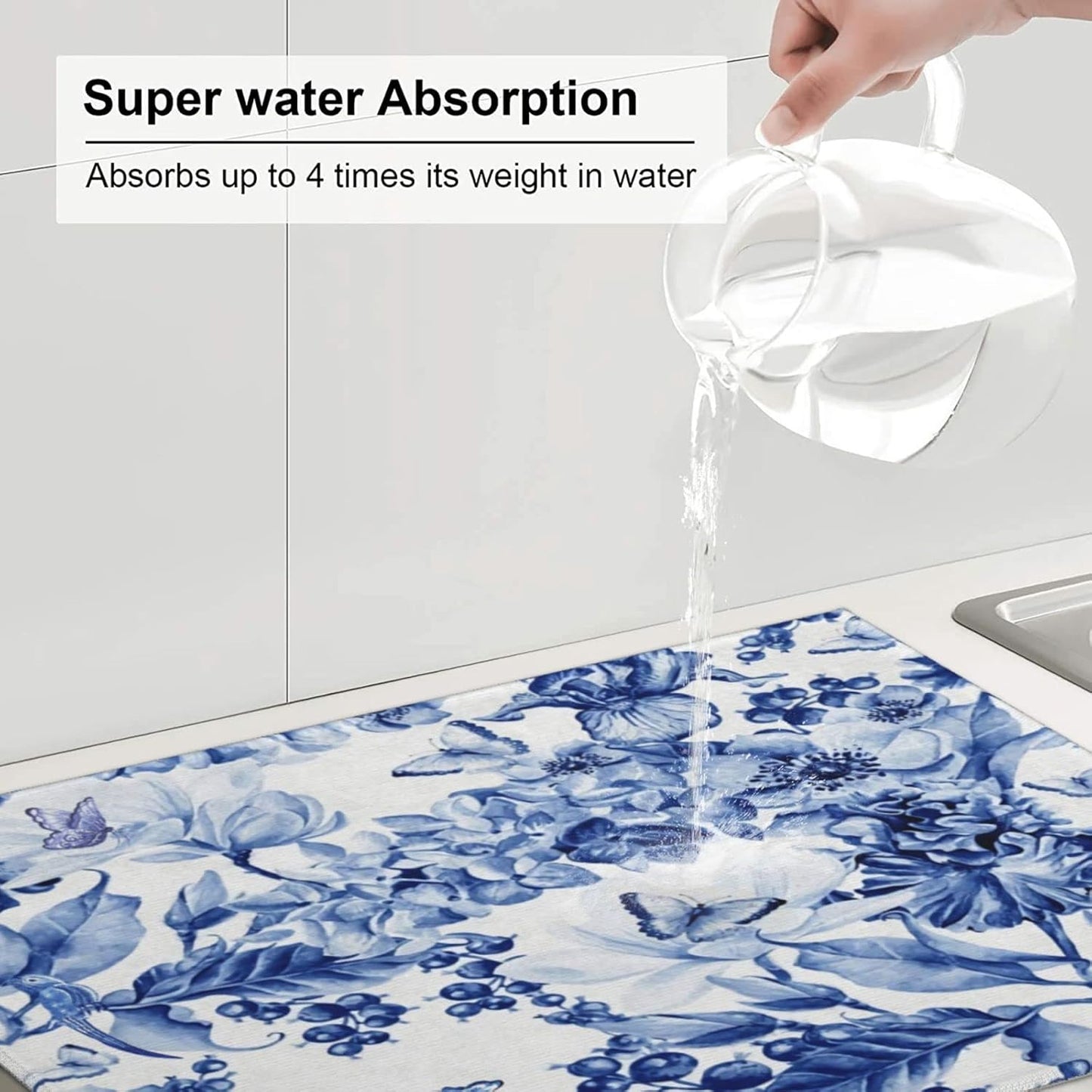 Chinoiserie Blue And White Floral Butterfly Dish Drying Mats For Kitchen Counter Microfiber Absorbent dish Mat Xl Reversible Drying Mats For Countertop 18 Inch X 24 Inch
