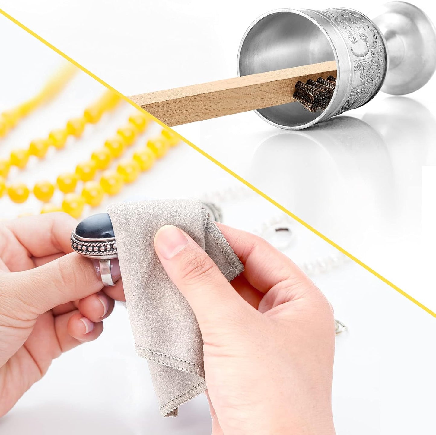 Patelai 6 Pieces Silver Polish Set, 4 Silver Cleaning Horsehair Brushes with 2 Pieces Polish Cloth Jewelry Cleaning Kit for Detail Work, Jewelry Tarnish Silverware Plateware(Classic)