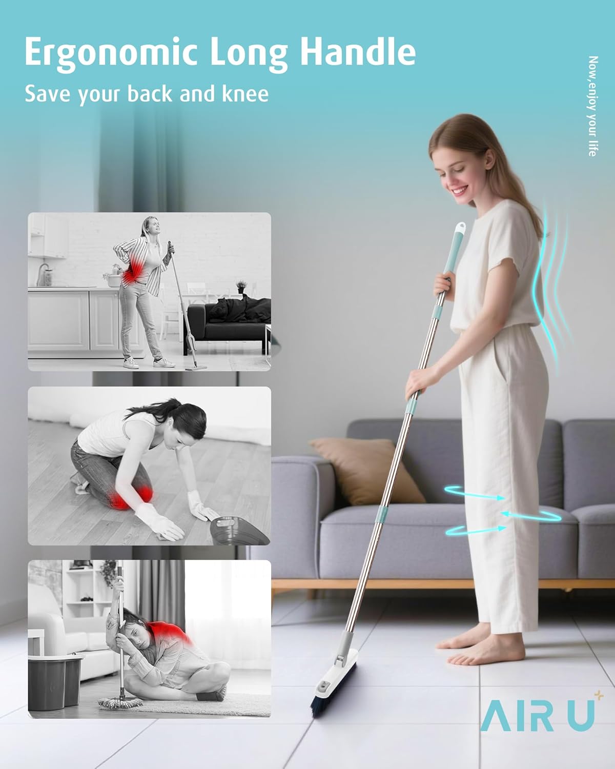 AIR U+ Grout Brush with Long Handle 180° Swivel Scrub Brush with Tweezers to Hair Clip V-Shape Grout Line Scrubber Stiff Bristles for Deep Cleaning Crevice, Tile Line, Shower, Kitchen, Corners（White）