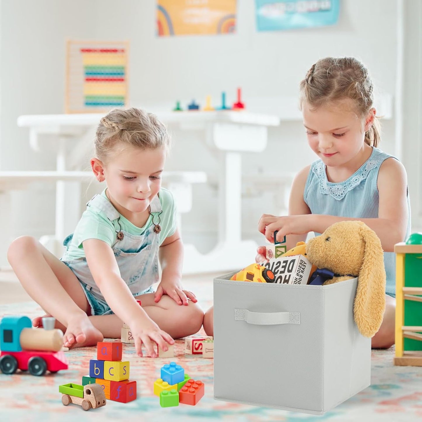 Stero Fabric Storage Bins 6 Pack Fun Colored Durable Storage Cubes with Handles Foldable Cube Baskets for Home, Kids Room, Closet and Toys Organization Gray