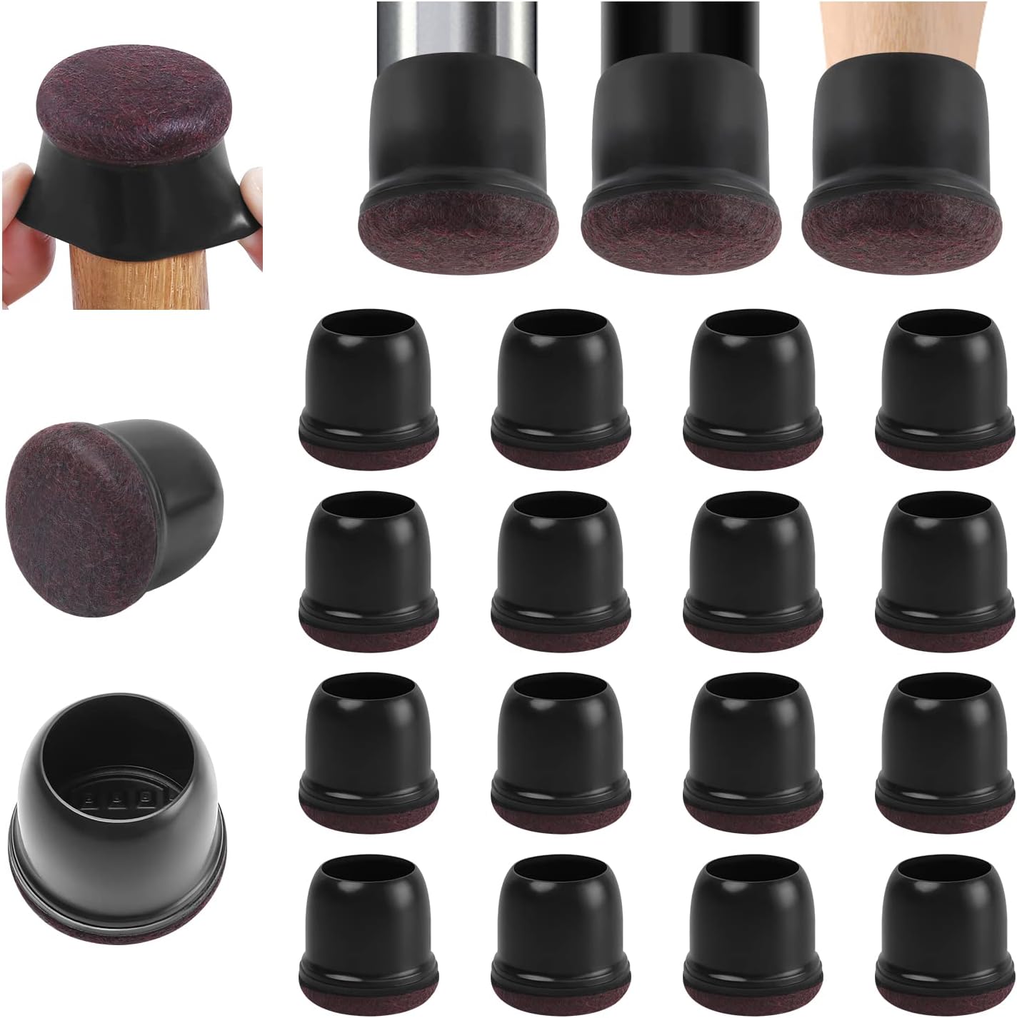 Ezprotekt 24 Pcs Round Silicone Chair Leg Floor Protectors with Felt, Floor Protectors for Chairs, Felt Furniture Pads Cups for Hardwood Floors, Chair Leg Caps Covers (M Fit: 0.87"-1", Black)