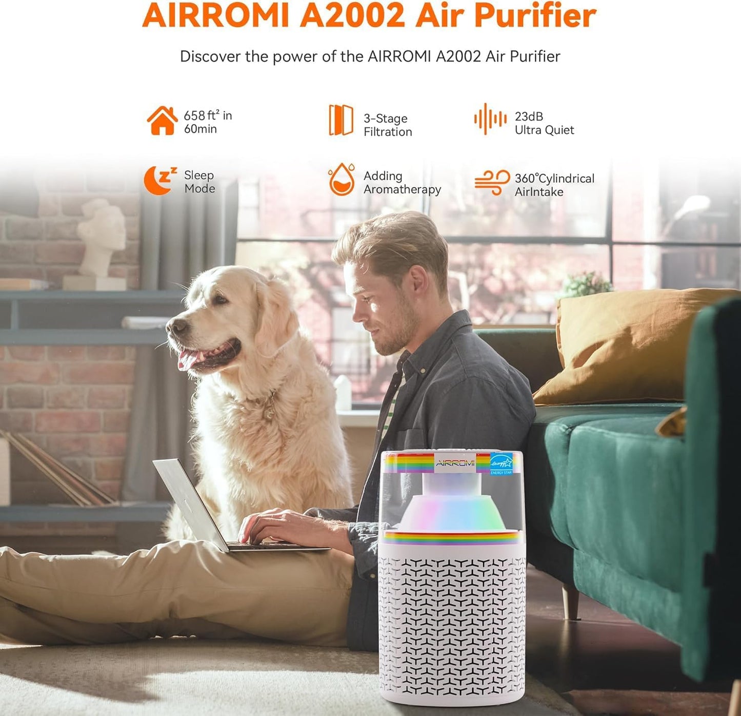 AIRROMI Air Purifiers for Bedroom Home,Up to 658 Ft²,Activated Carbon Filter Cleaner,With Fragrance Sponge for Better Sleep,Night Light,Pet Dander,Allergies,Smoke,Odor,Desktop Air Cleaner A2002Rainbow