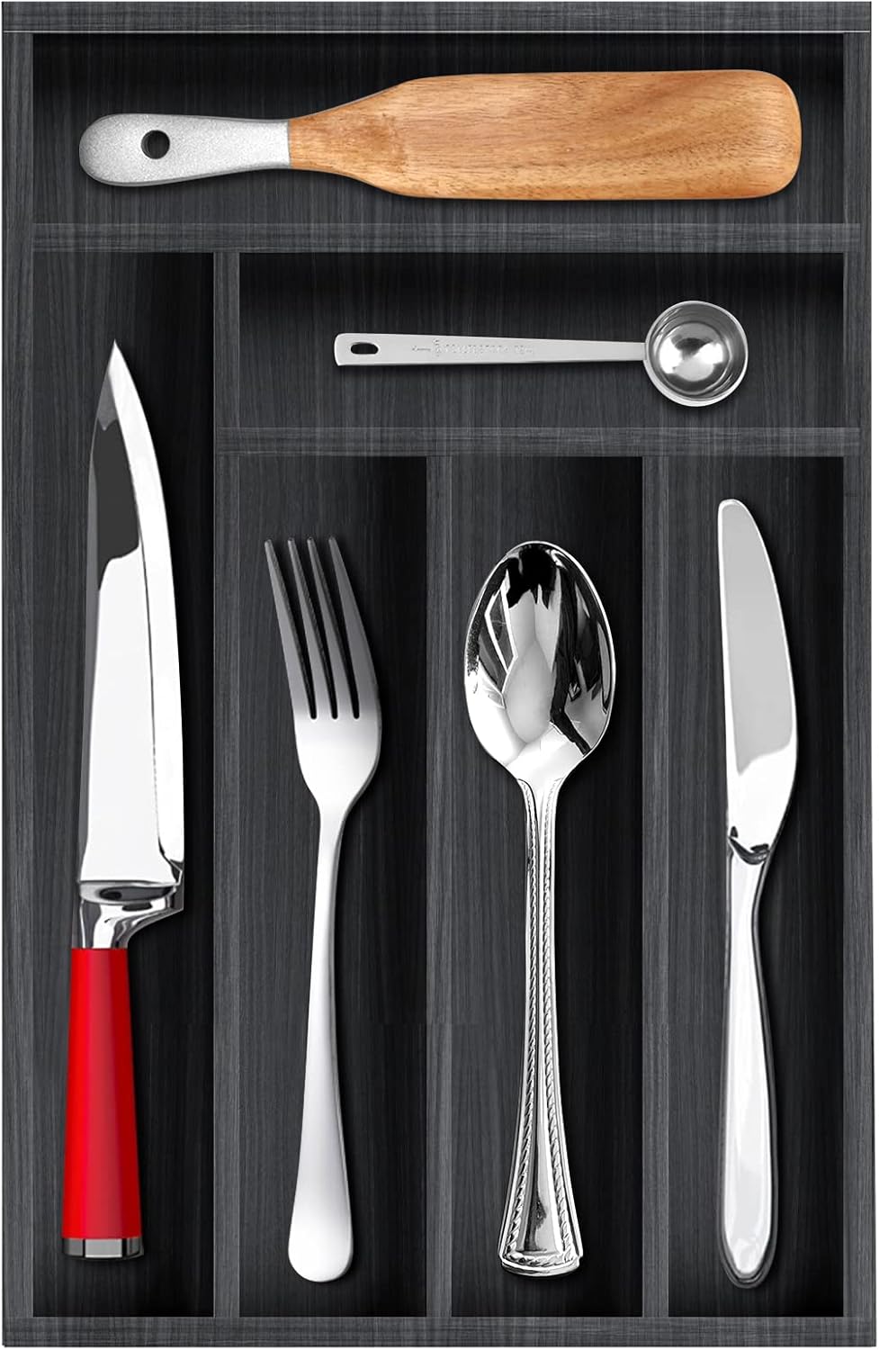 Kitchen Wood Utensil Tray Silverware Drawer Organizer Wooden Cutlery Trays Flatware Organizers Divider 14.6"x9.5" Silverware Tray Spoon Fork Organizer Black Bamboo Cutlery Utensil Holder for Drawer