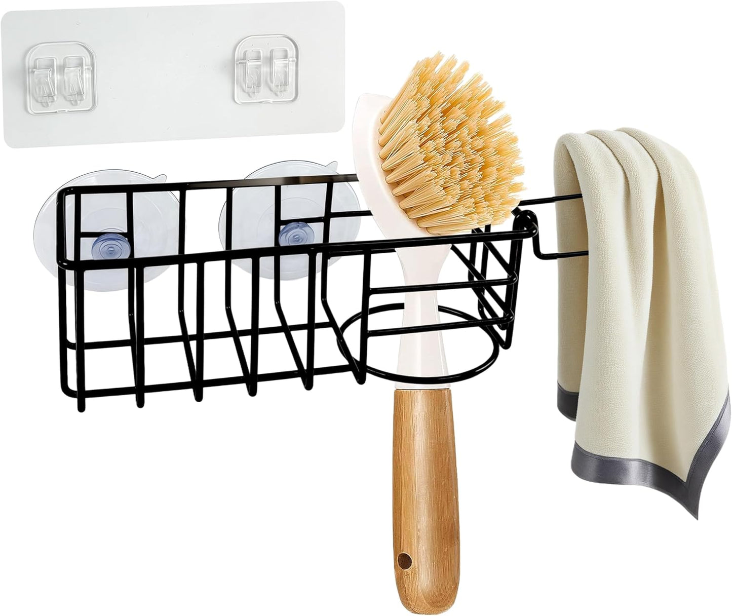Sponge Holder with Dish Cloth Hanger for Kitchen Sink, In-sink Caddy Organizer with Suction Cups & Adhesive Strips, Rustproof Sponge Rack for Soap, Brush, Scrubber - Black
