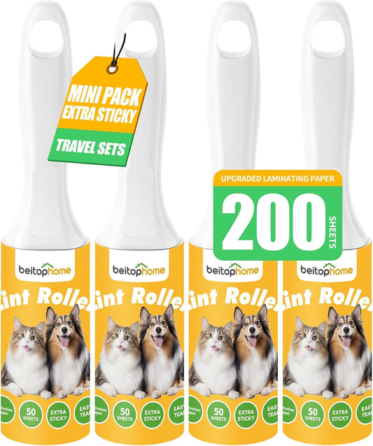 Extra Sticky Lint Roller for Pet Hairs 200 Sheets Lint Rollers for Travel 4 Pack Tough Paper, Small Size Easy Portability, Dog and Cat Hair Lint Rollers Mega Value Set for Clothes