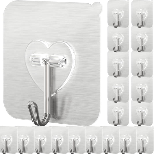 DGYB 20 Pcs Silver Adhesive Hooks for Hanging 22lb Self Adhesive Wall Hooks Heavy Duty Waterproof Sticky Hook for Shower Home Bathroom Kitchen Office