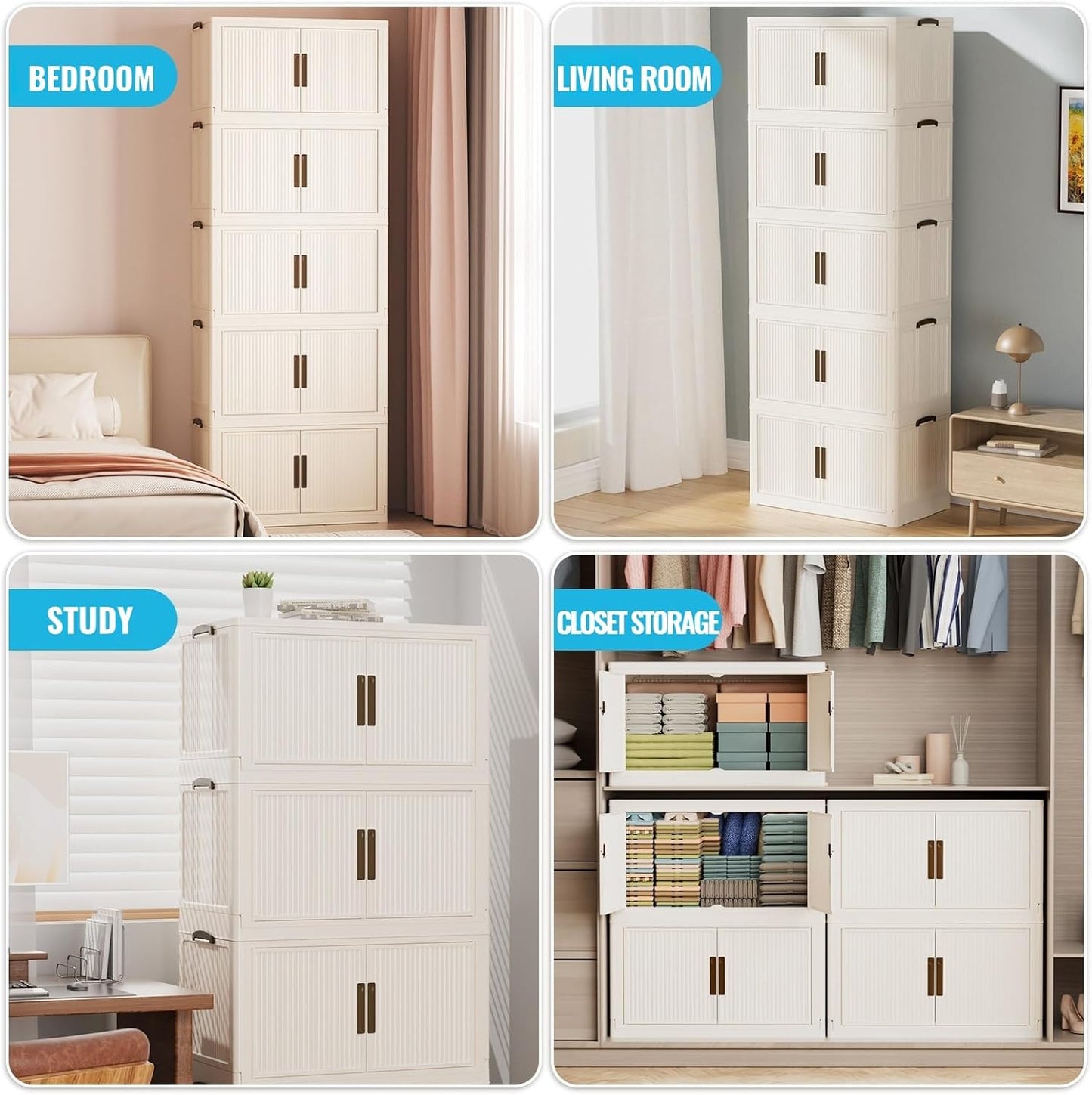 Stackable Storage Bins with Lid 44Gal/176QT Plastic Collapsible Storage Cabinet 4 Tiers Foldable clothes Organizers and Storage bins with Wheels and Doors for Home Office White