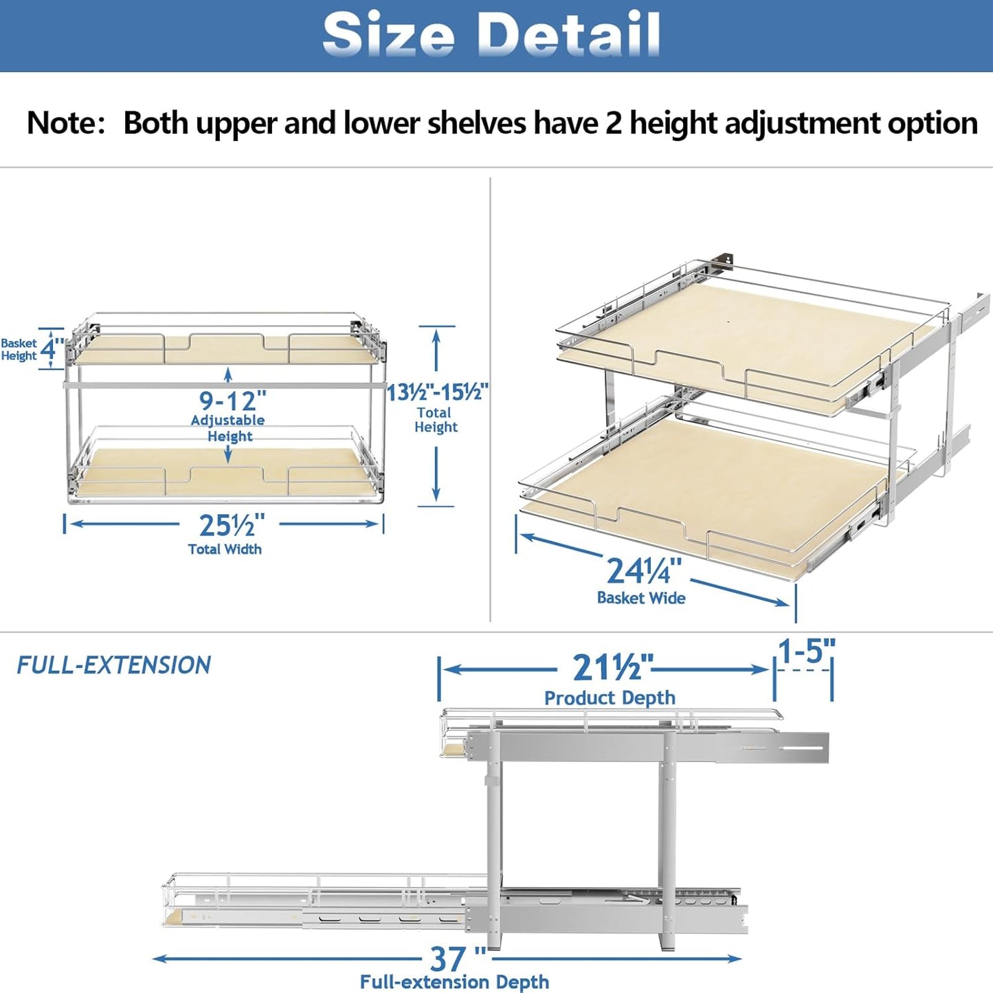 ROOMTEC 2 Tier Individual Pull Out Cabinet Organizer 25½"W x 21½"D, Slide Out Wood Shelves Organizers, Pull Out Drawers Organization and Storage for Kitchen Cabinet