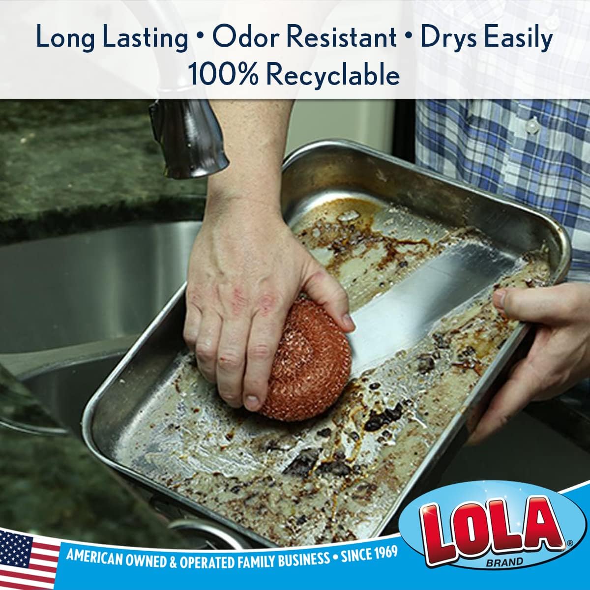 LOLA Copper Mesh Scouring Pad, 18 Grams, 12 Pack, Heavy Duty Cleaning Pads, Copper Coated Knitted Flat Wire Mesh, Recyclable, Cleans Baked On Messes