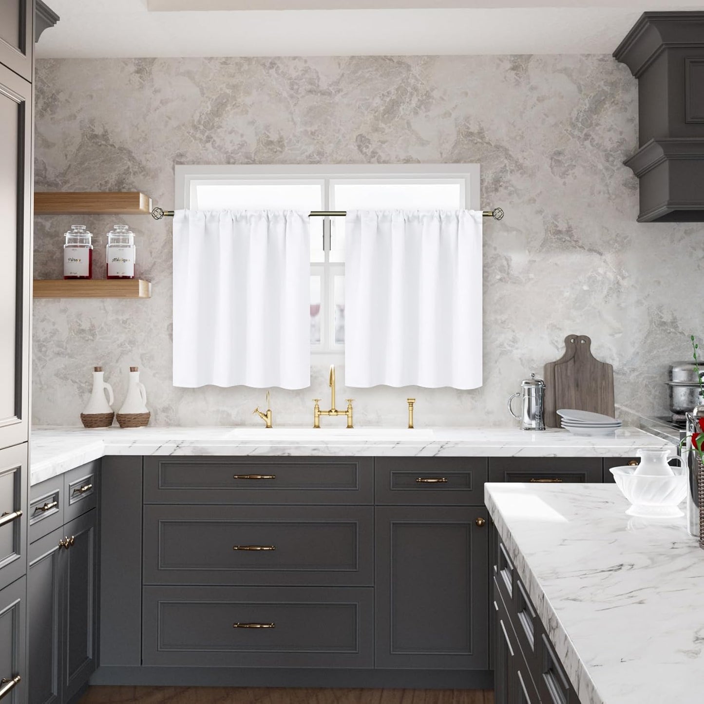 BGment Short White Curtains 40 Inches Length for Window Kitchen - Rod Pocket 34 Inch Wide Small Drapes for Bedroom Cabinet Cafe Basement Privacy, 2 Panels, 34 x 40 Inch