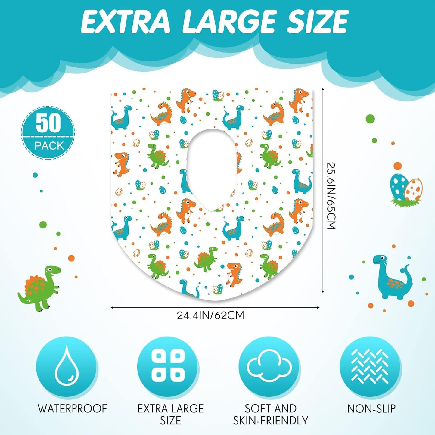 50 Packs Disposable Toilet Seat Covers Extra Large Individually Wrapped for Kids and Adults, Portable Non Slip Waterproof Potty Seat Covers for Toddlers Potty Training, Travel (Dinosaur)