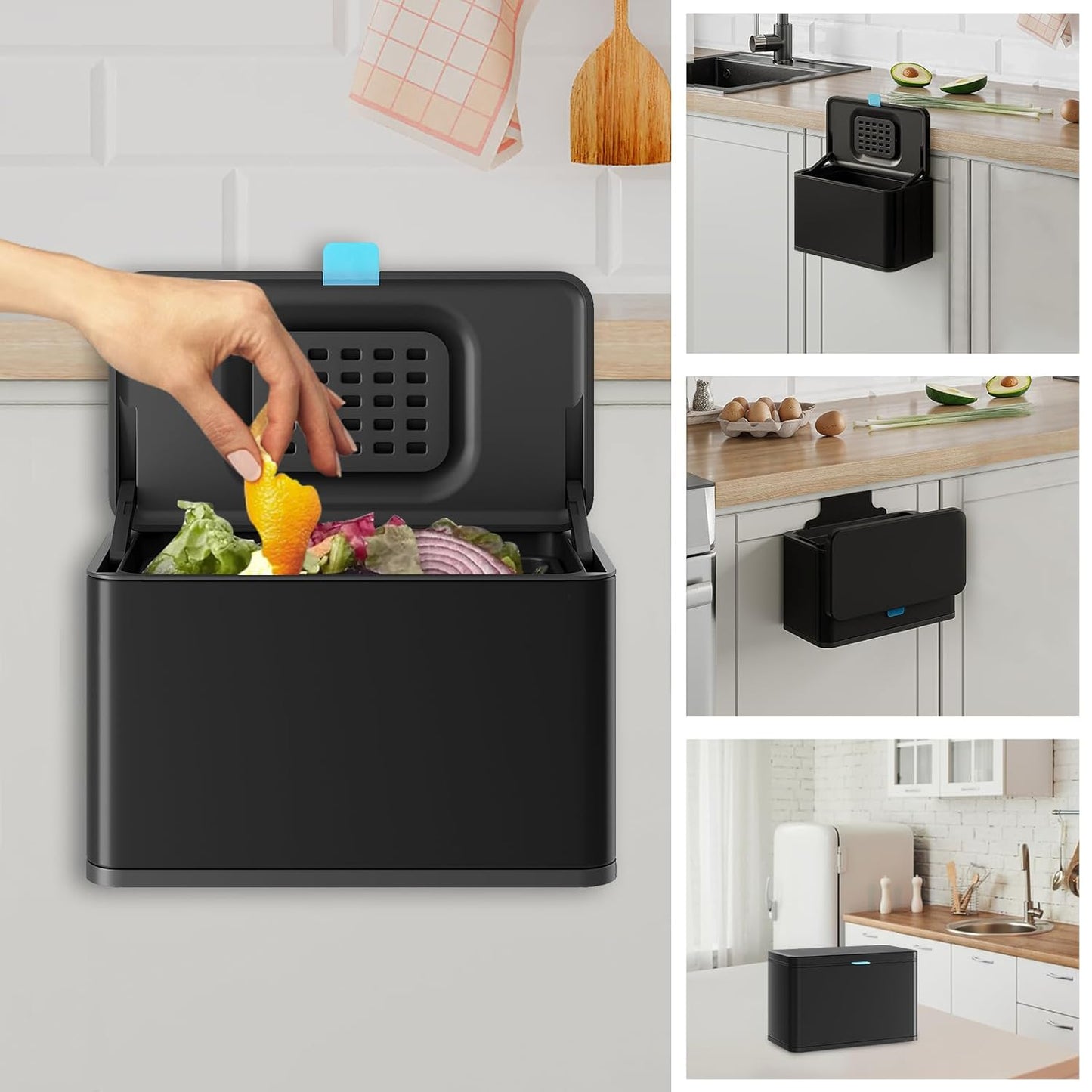 Stainless Steel Hanging Trash Can with Lid and Inner Bucket, 1 Gallon Kitchen Compost Bin for Counter Top, Under Sink or Wall Mount, Small Garbage Can for Cupboard/Bathroom/Bedroom/RV, Black