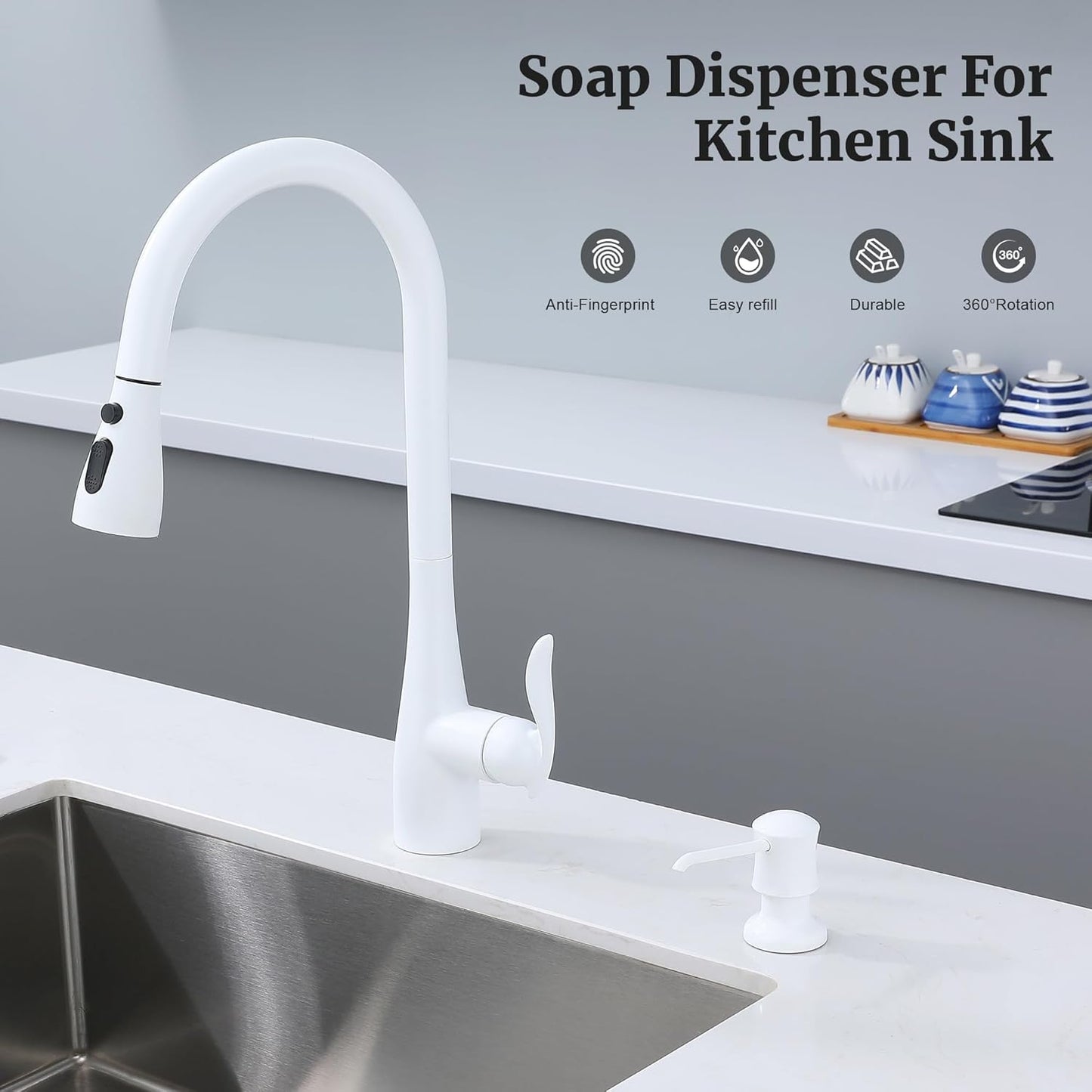 White Sink Soap Dispenser for Kitchen Sink (White), Built-in and Refill-from-Top Design with Liquid Hand & Dish Soap Bottle