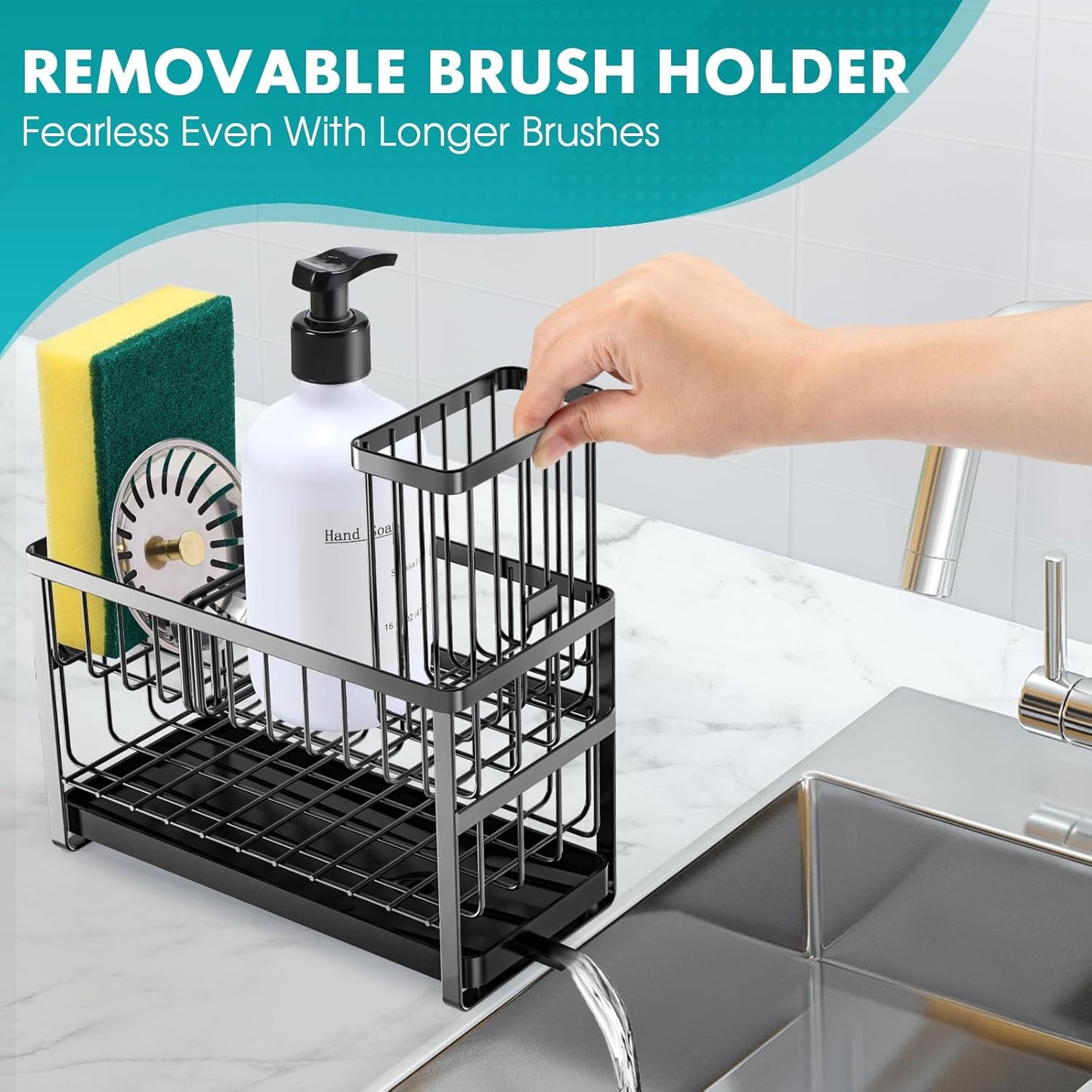 Sinnsally Kitchen Sponge Holder,2 Tier Sink Caddy Organizer with High Brush Holder,Stainless Steel Sink Box Dish Scrubber Holder,Soap Tray for Kitchen Counter Accessories & Storage Rack (Black)