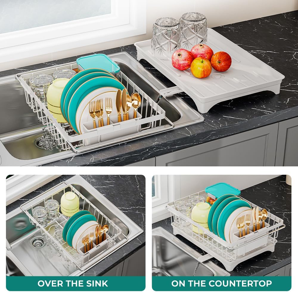 Small Dish Drying Rack in Sink, Expandable Stainless Steel Dish Drainers for Kitchen Counter, with Drain Board & Utensil Holder(White)