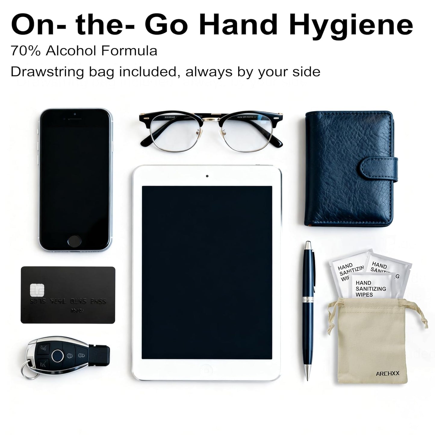 Premium Hand Sanitizing Wipes, 100 Count Non-Woven Wet Wipes Travel Size, Aloe Vera Scent, 70% Alcohol, Individually Wrapped, for Home, Office & Outdoor, Drawstring Bag Included