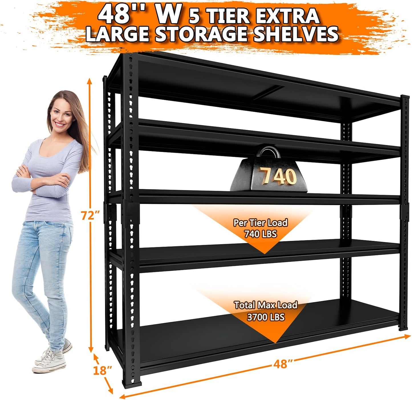 Storage Shelves Heavy Duty 4 PCS, 48"L x 18"W x 72"H Garage Storage Shelves Unit Loads 3700LBS, 5-tier Adjustable Metal Industrial Utility Shelf Rack for Kitchen, Laundry Room, Warehouse, Basement