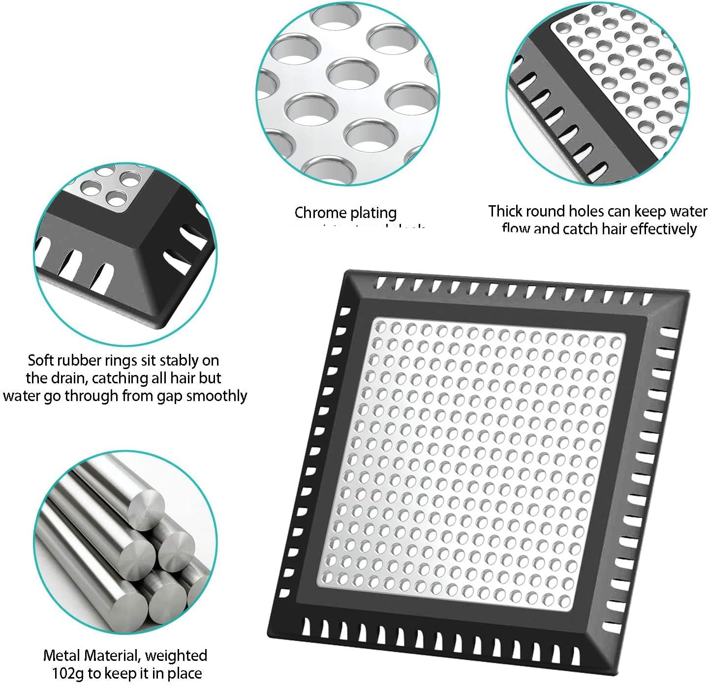 Shower Drain Hair Catcher/Drain Strainer/Shower Drain Cover for Bathroom Floor Drain, Stainless Steel and Silicone (6 inch, Black)