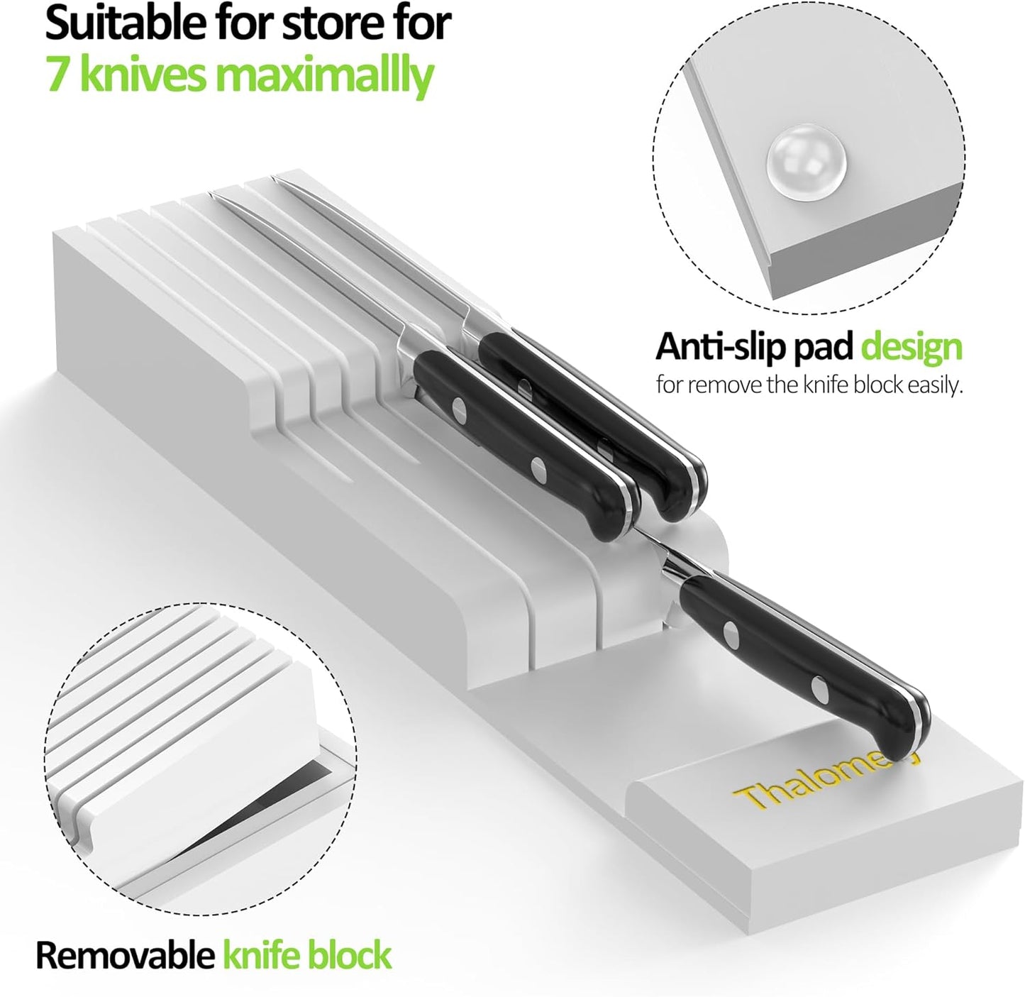 Bamboo Kitchen Drawer Organizer, Expandable Utensil Organizer with Removable Knife Block, Cutlery Tray Holder with Divider, Adjustable Silverware Organizer, White