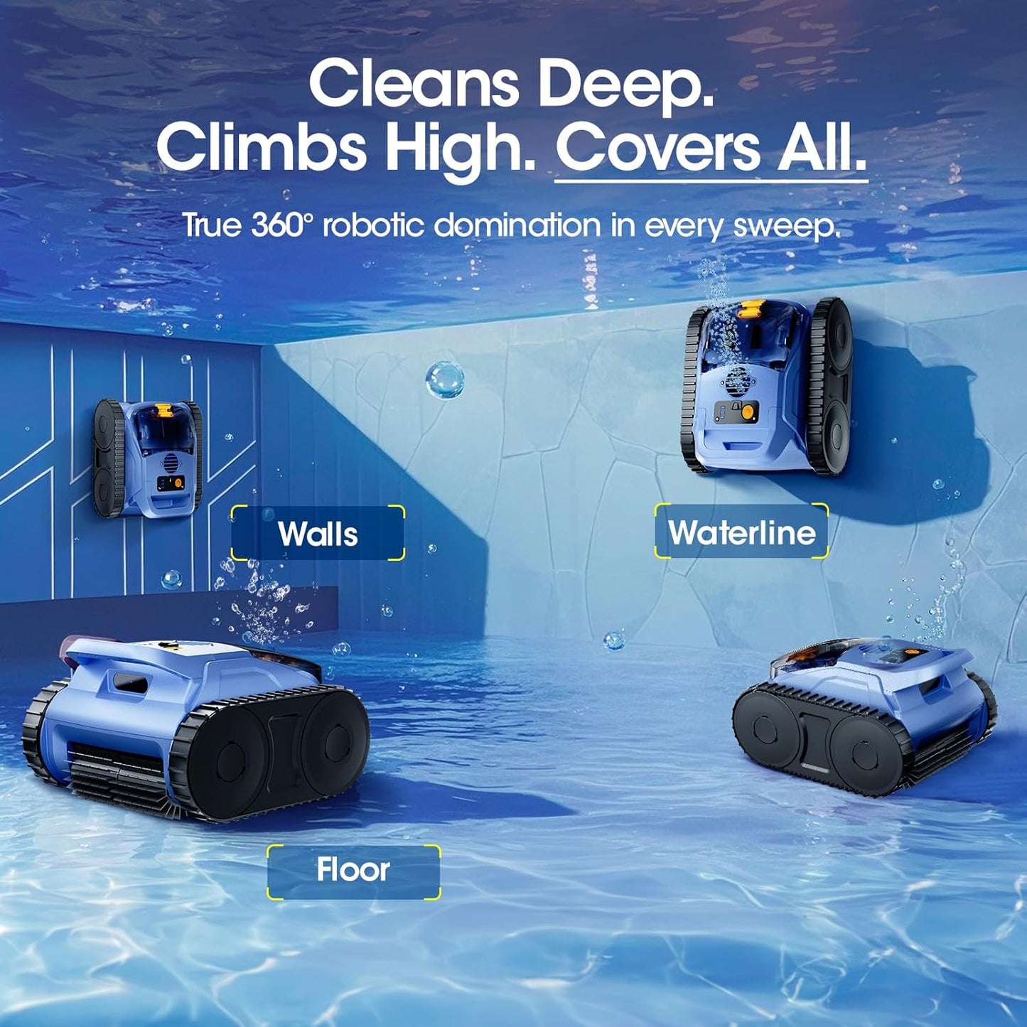 Cordless Robotic Pool Vacuum, Pool Cleaner with Track Drive & Sonar Navigation, 180W Brushless Motor, Wall & Waterline Climbing, 150-Min Runtime, for Inground & Above-Ground Pools up to 2150 Sq. Ft.