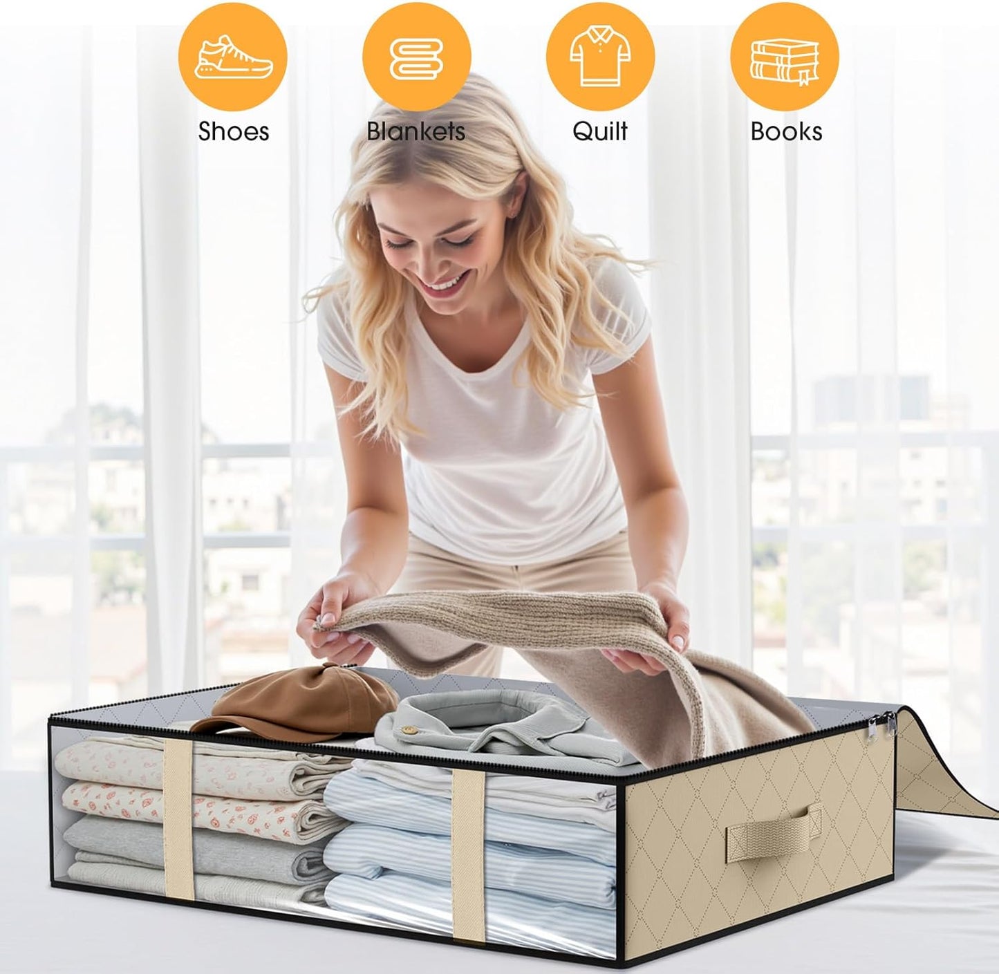 StorageRight Under Bed Storage Bins,10-Pack 40L Foldable Fabric Storage Bags with Transparent Window, Breathable Organizer for Clothes/Blanket/Comforter/Quilts,Beige