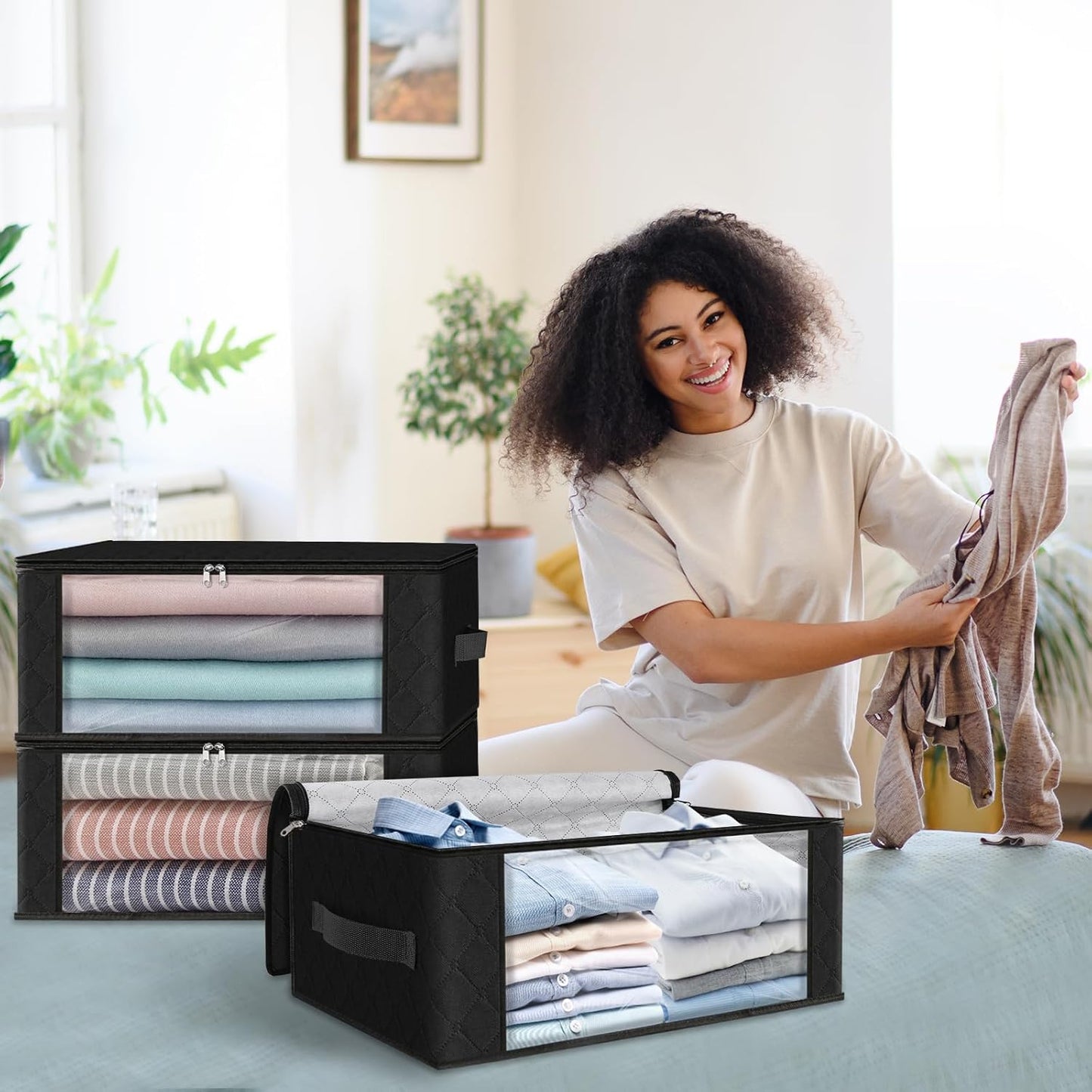 HomeHacks Storage 8-Pack Clothes Organizer Storage Bags Foldable Storage Box with Large Clear Window Sturdy Handles for Closet, Dorm, Pillows, Bedding, Clothes, Blankets, 35L, Black