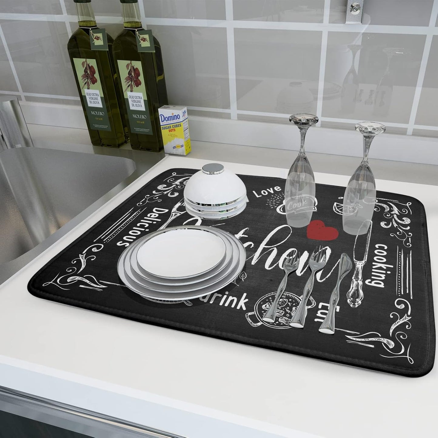 Dish Drying Mats for Kitchen Counter 16 x 18 Inch, Kitchen Drying Mat,Black Coffee Bar Dishes Pad Dish Drainer Rack Mats Absorbent Fast Dry Kitchen Accessories