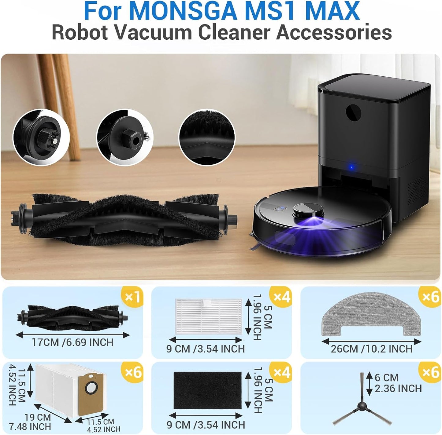 Bluevisk MS1 MAX Replacement Parts for For MONSGA MS1 MAX Robotic Vacuum Cleaner Parts with 1 Roller Brush, 4 HEAP, 6 Mop, 6 Dust Bags, 6 Side Brushes, 1 Clean Brush