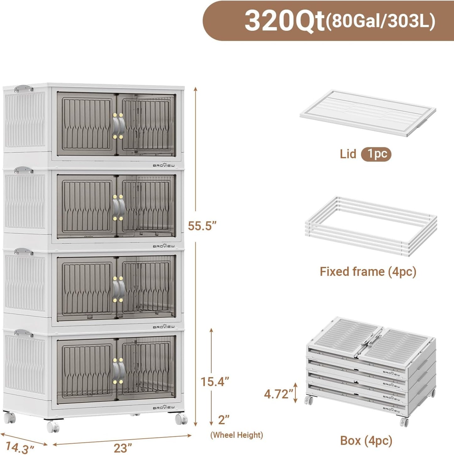 BROVIEW 320Qt Stackable Storage Bins with Lid, Extra Large Closet Organizer Collapsible Drawer Boxes with Wheels, Folding Plastic Cabinet Containers for Home Kitchen Room Organization, 4Pack White