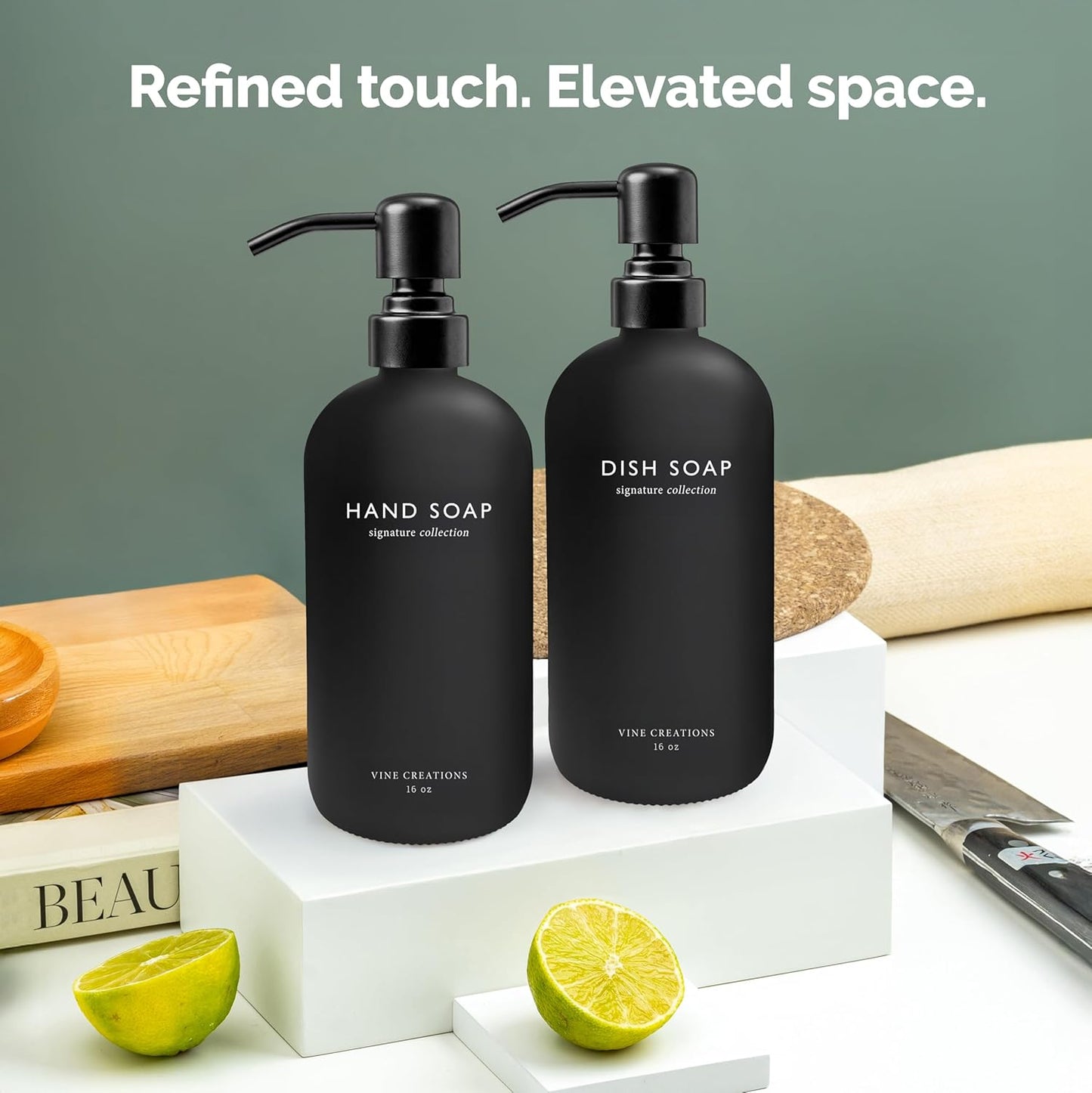 Vine Creations Black Glass Soap Dispenser Set, Dish Soap and Hand Soap Dispenser Set with Stainless Steel Pump, 16 oz Glass Dispensers for Kitchen Bathroom Decor (Matte Black Bottle/Matte Black Pump)