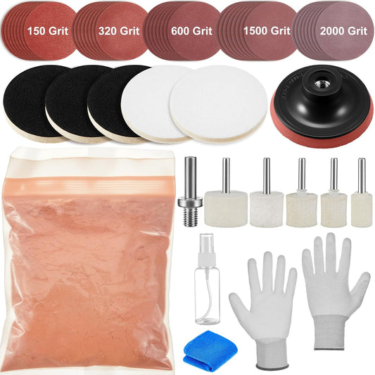 55 Pcs Glass Polishing Kit Windshield Scratch Repair Kit Car Windscreen Glass Scratch Remover 120g Cerium Oxide Powder Wheels Polish Pads Sandpaper Window Repair Tool for Car Windscreen