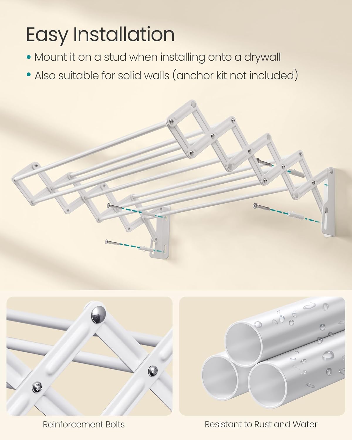 SONGMICS Clothes Drying Rack, Wall-Mounted Drying Rack Clothing, Accordion Laundry Rack, 9 Staggered Hanging Rods, Expandable and Retractable, Steel, Cloud White ULLR806W01