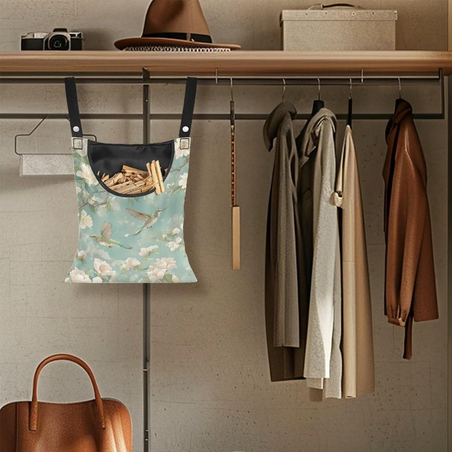 Clothespin Bag with Large Capacity for Mini and Wooden Clothespins with Large Opening Storage Organizer Laundry Hanging Bag - Hummingbird Flower Print