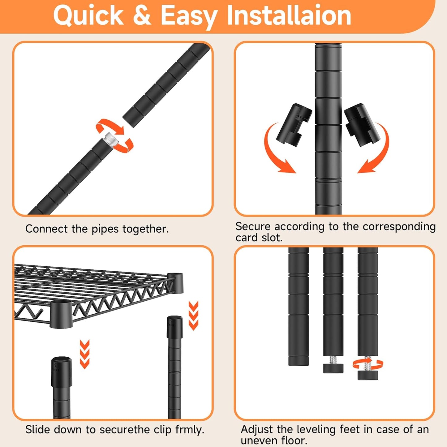 4 Tiers Storage Shelves Load 2640LBS, Metal Shelving Wire Metal Shelving Unit Shelves for Storage Adjustable Garage Shelving for Pantry Kitchen Garage Black 17.7" D x 59.1" W x 70.4" H