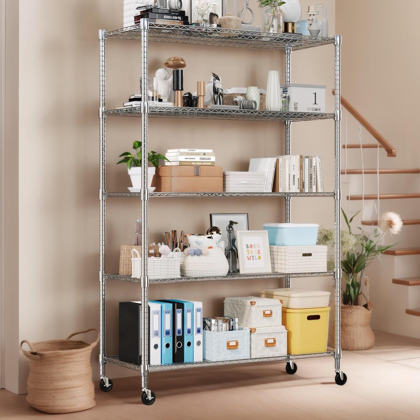 Himimi 60" W Storage Shelves, 5-Tier Wire Shelving with Wheels 3250LBS Heavy Duty Metal Shelves for Storage, Adjustable Wire Rack Shelving for Garage Kitchen Pantry 24" Dx60 Wx82 H, Silver