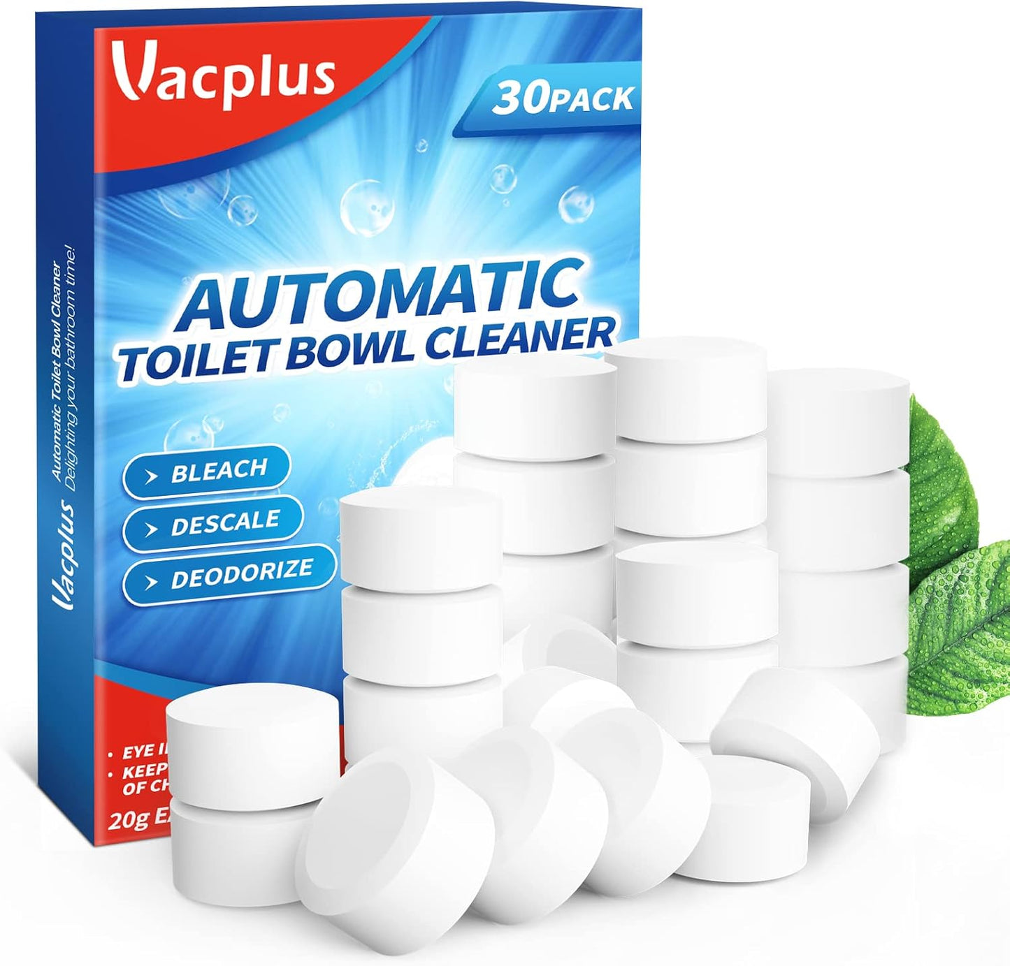 Vacplus Toilet Bowl Cleaner Tablets 30 PACK, Automatic Toilet Bowl Cleaners with Bleach for Deodorizing and Descaling, Bathroom Cleaner Against Tough Stains