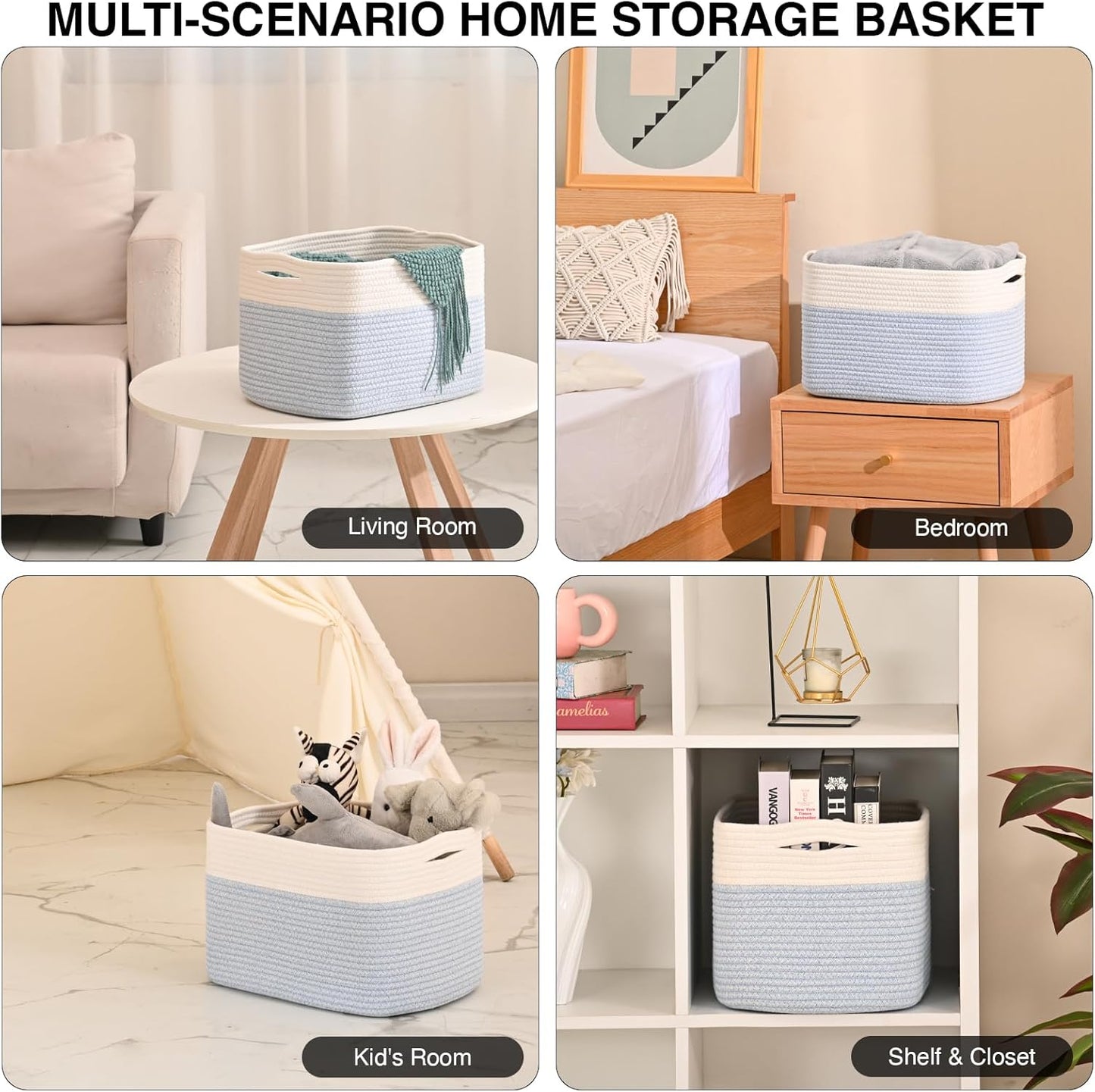 Woven Cotton Rope Storage Basket for Organizing, Cute Decorative Baskets for Gifts Empty, Organizer Bins for Dog Toy, Baby Laundry, 15“×11”×9.5“, Off White & Blue