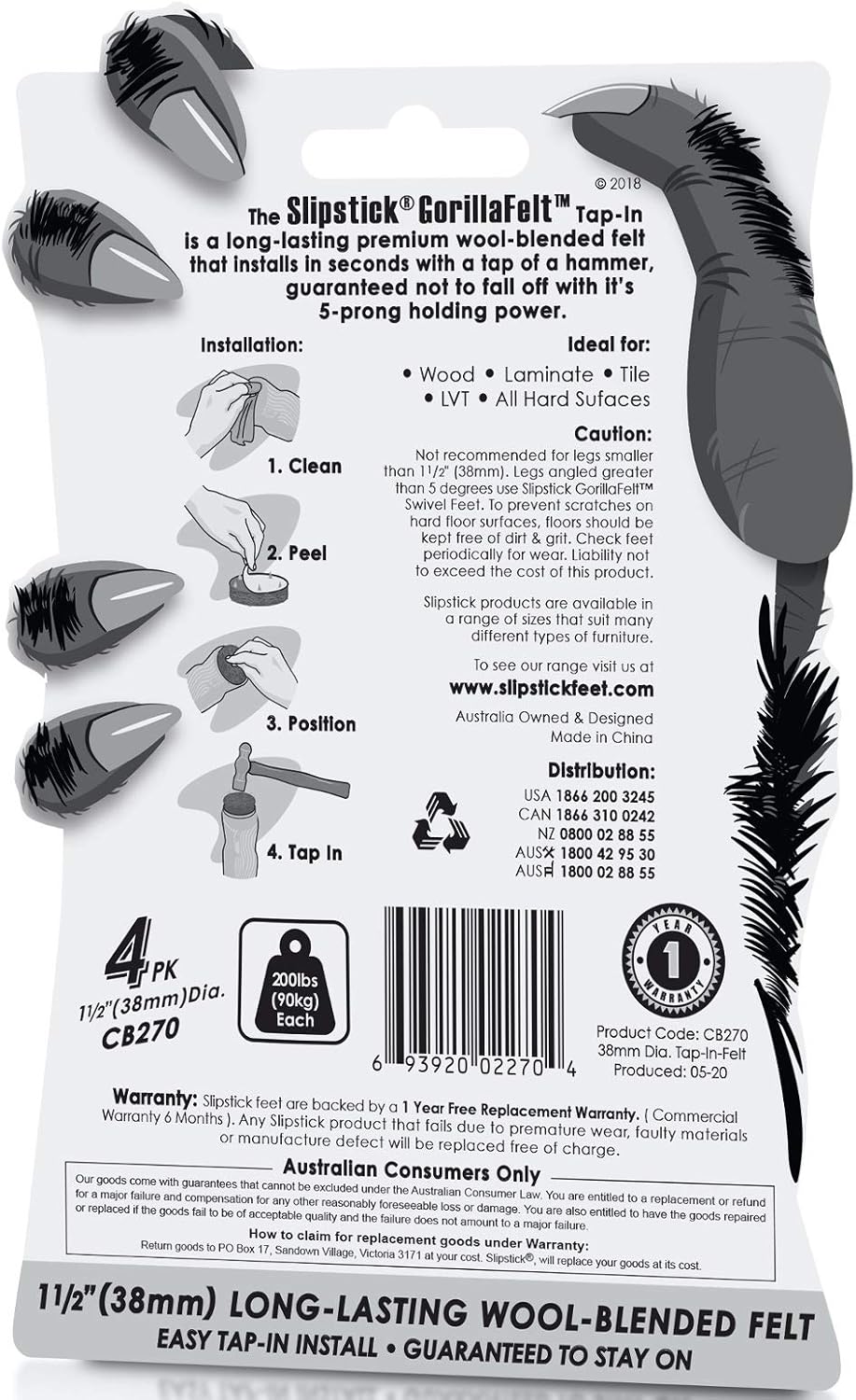 GorillaFelt CB270 Furniture Feet Floor Protectors/Felt Glides (Set of 4) Tap On Felt Furniture Pads Guaranteed to Stay On, 1-1/2 Inch Round Sliders