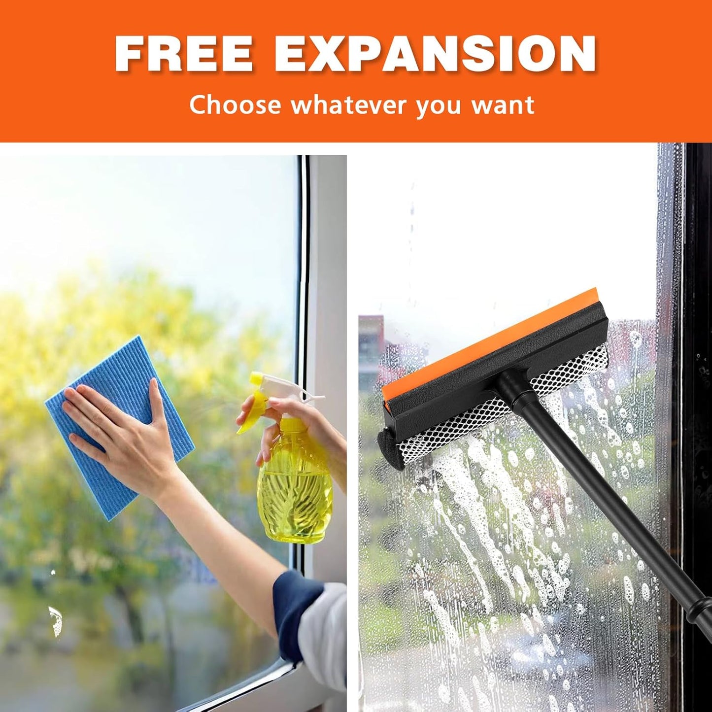 2 in1 Window Squeegee for Car, Window Cleaner with 16inch Long Handle,Sponge Car Window Squeegee for Gas Station, Glass,Shower,Outdoor High Window Cleaning