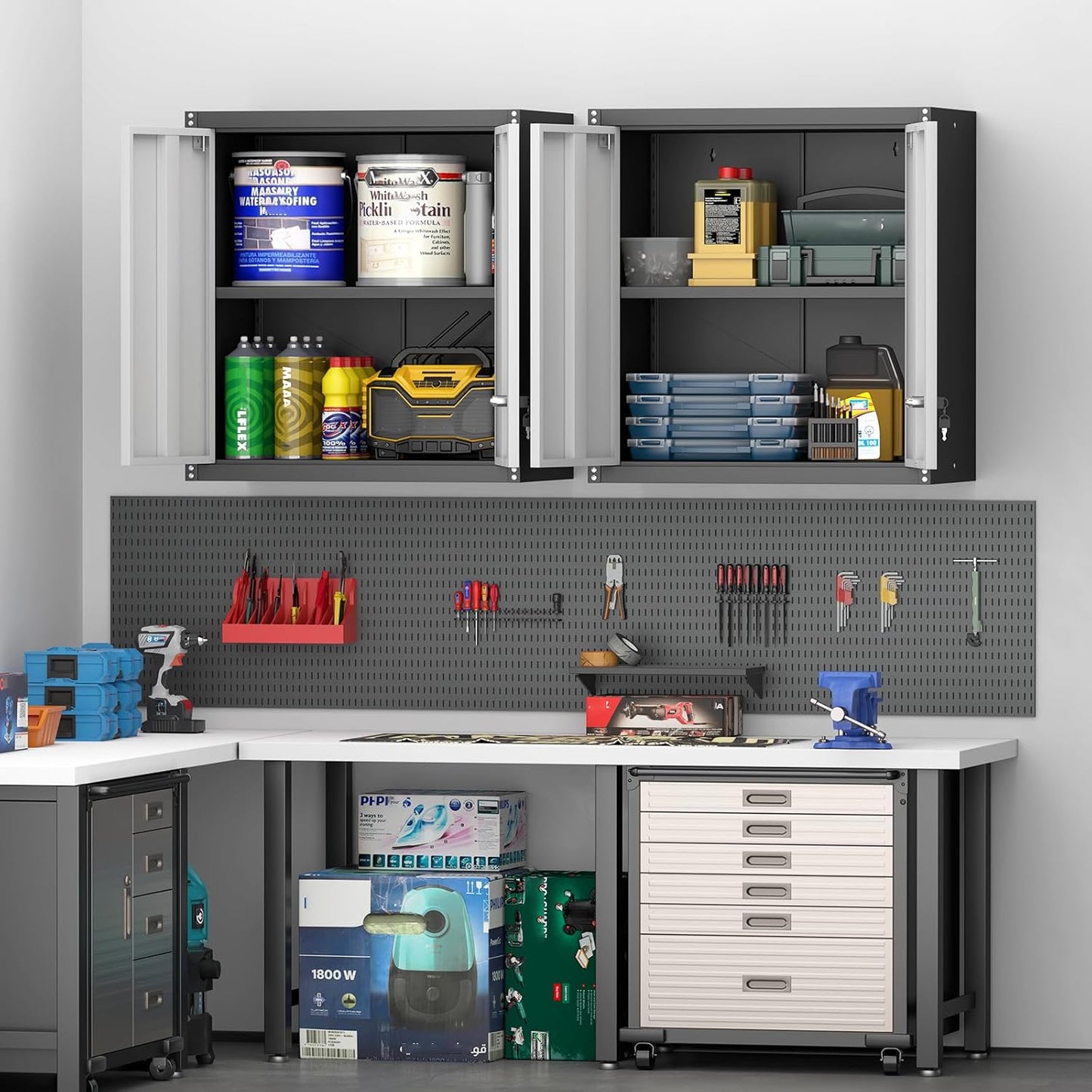 Metal Wall Cabinet, Garage Cabinets Wall Mounted, Locking Storage with Adjustable Shelves, Wall Mounted Garage Cabinet with Doors, Floating Cabinet for Home Office, Utility Room